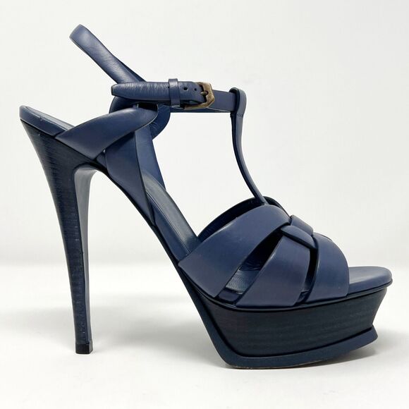 Saint Laurent Tribute Blue Leather Platform High Heels Sandals Size 38.5 - Picture 4 of 11